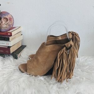 Chloe Camel Suede Fringe Peep Toe Wedge Sandals 36.5